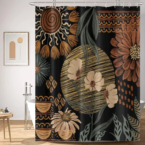 Miniatura 2 de Cortina de Ducha Floral Bohemia Negra Flores de Mediados de Siglo Botánica Moderna Elegante Estética Cortina de Ducha para Decoración de Baño