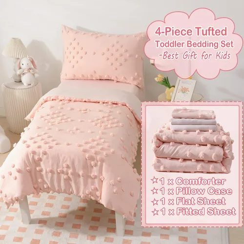 Miniatura 5 de Juego de ropa de cama para niñas pequeñas de 4 piezas, jacquard rosa con pompones y mechones, estilo bohemio boho con puntos mechonados, juego