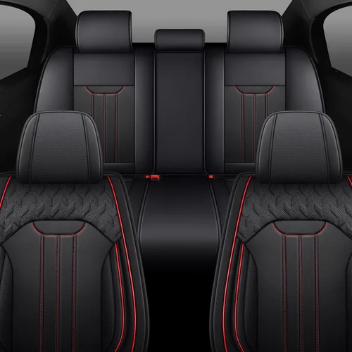 Miniatura 6 de LINGVIDO Funda de asiento de piel sintética (ajuste universal, línea roja negra), funda impermeable para asiento delantero de automóvil, SUV