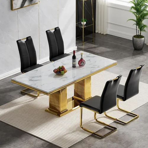Miniatura 42 de Juego de mesa de comedor de 5 piezas, moderno juego de mesa de comedor para 4, 70 pulgadas, juego de mesa de comedor de mármol sintético blanco