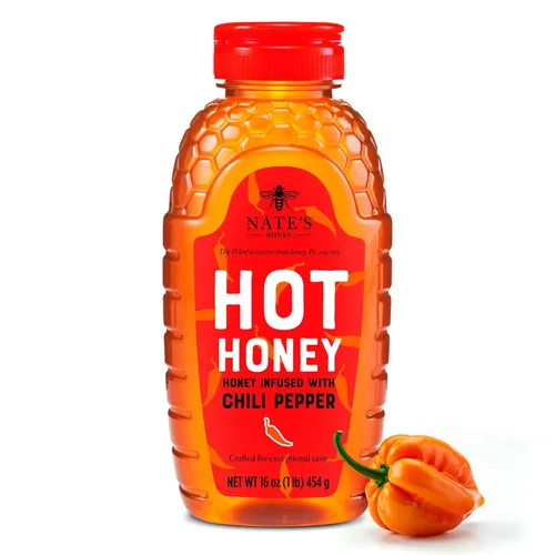 Nate's Hot Honey - Miel 100% pura infundida con hojuelas de chile habanero, sabor galardonado, relleno de calcetines navideños, botella exprimible