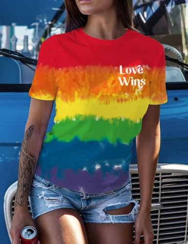Miniatura 4 de Camiseta de manga corta con texto en inglés "Be You" para mujer, con estampado de arcoíris y texto en inglés "Love Wins