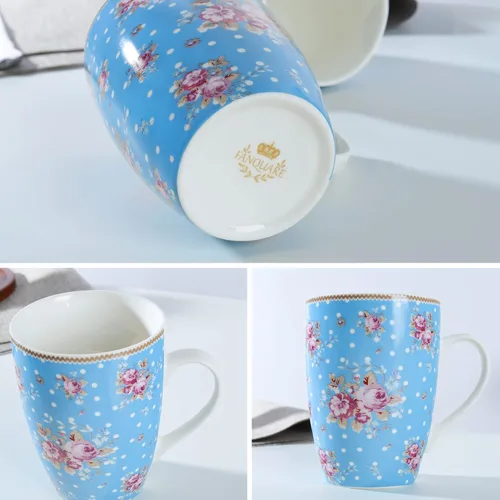 Miniatura 5 de fanquare Juego de 4 tazas de café de 12 onzas para mujer, juego de tazas de café de porcelana floral, tazas de café grandes de cerámica azul