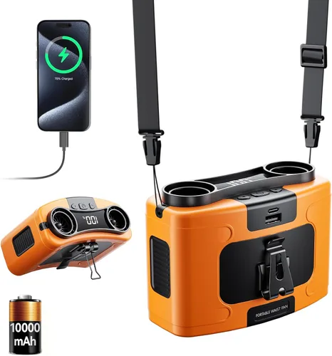 Doublepow - Ventilador de cintura portátil de 10000 mAh, ventilador personal de doble cintura, cuello colgante de cinturón, doble motor de 20 horas