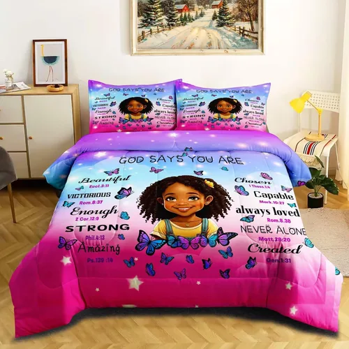 Miniatura 14 de Juego de edredón de niña negra tamaño individual para niños, juego de ropa de cama mágica para niñas negras, edredón de Christan inspirador