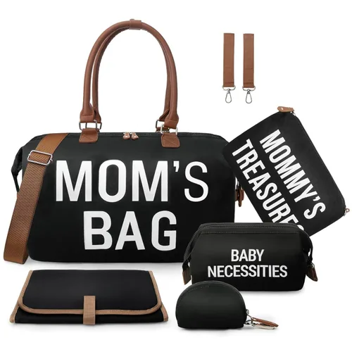 printe Bolsa de pañales grande de 6 piezas con cambiador y 2 bolsas organizadas, bolsa de mamá para hospital con funda para chupete, correas, gancho