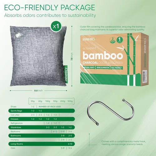 Miniatura 9 de Absorbedor de olores de carbón activado, grande de 17.64 oz con ganchos, removedor de olores naturales para olores fuertes, bolsas purificadoras