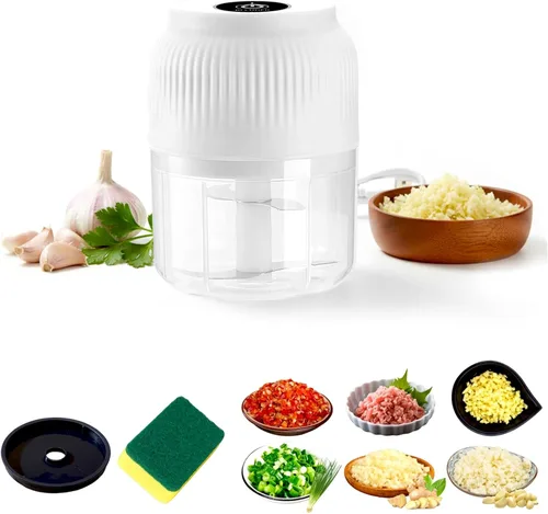 Miniatura 11 de Picadora eléctrica de ajo de capacidad de 10.1 fl oz, mini cortador de verduras portátil, 4 cuchillas afiladas de acero inoxidable, mini picadora