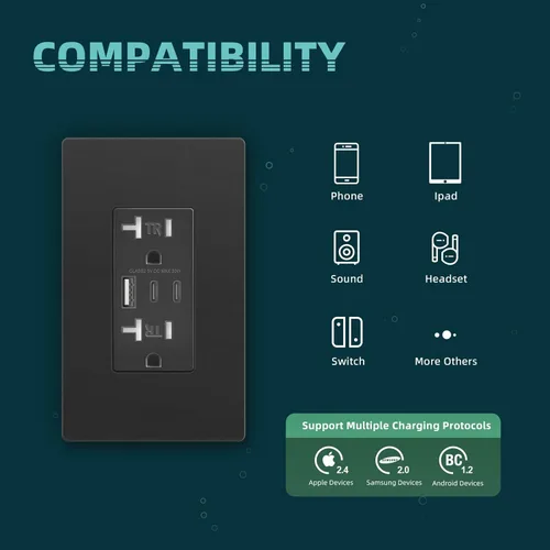 Miniatura 3 de TOPELER - Toma de corriente para montaje en pared con puertos USB 6.0A, dos tomas eléctricas de 20 amperios, tomas y puertos resistentes a la Negro