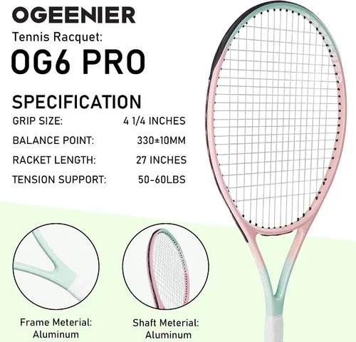 Miniatura 2 de OGEENIER 27 Inch Adult Tennis Racket Set, Pre-Strung Beginners Tennis Racquet, Lightweight and Recreational Aluminum Rackets with Overgrip, Tennis
