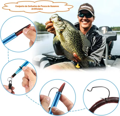 Miniatura 5 de PLUSINNO - Kit de señuelos de pesca Wacky Worm, señuelos de pesca de plástico suave, cebos de lombrices para anzuelo, aparejo loco para pesca de Kit