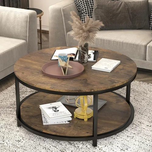 Miniatura 12 de NSdirect Mesa auxiliar redonda de 32 pulgadas para sala de estar, mesa central de madera maciza de 2 niveles para decoración del hogar con estante