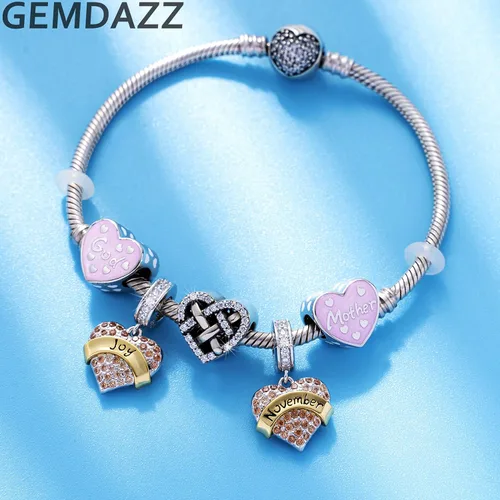 Miniatura 4 de GEMDAZZ Abalorios de plata de ley 925 de 2 tonos para cumpleaños del mes de enero a diciembre, cuentas colgantes de corazón transparentes