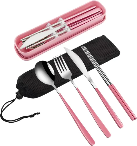 Miniatura 12 de VANRA Juego de utensilios de viaje portátiles de 3 piezas con estuche, juego de cubiertos de acero inoxidable 18/8, juego de cubiertos reutilizables