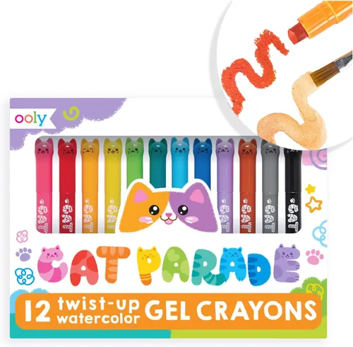 Ooly Cat Parade - Crayones de gel para niños y adultos, juego de 12 crayones de colores arcoíris para superficies de vidrio y papel con tapas en