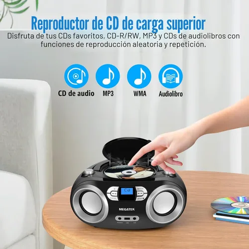 Miniatura 6 de MEGATEK Boombox reproductor de CD portátil con radio FM, Bluetooth y puerto USB, sonido estéreo claro, compatible con CD-R/RW y MP3, entrada