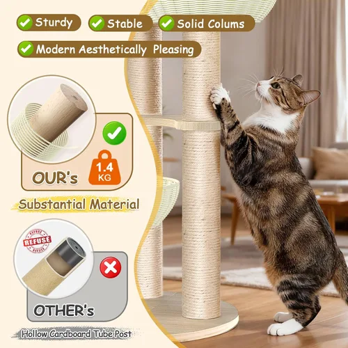 Miniatura 3 de Tinnmao Torre de árbol de madera maciza para gatos grandes, árbol de madera para gatos de 53 pulgadas con poste rascador cubierto de sisal natural