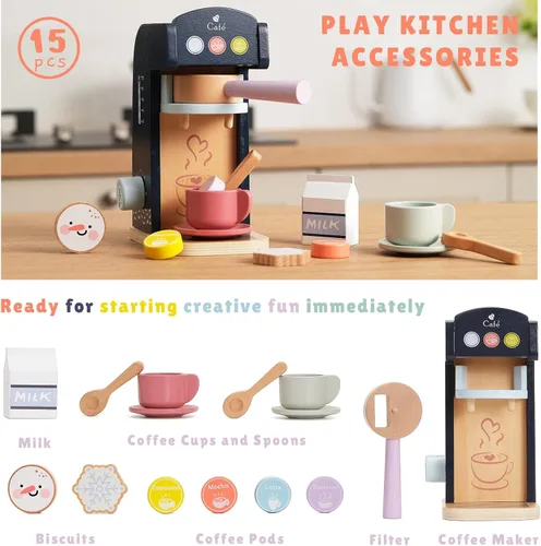 Miniatura 4 de PairPear Juego de simulación de cafetera de madera, máquina de espresso polar de 13 piezas con comida de juguete para niños, juguetes de madera