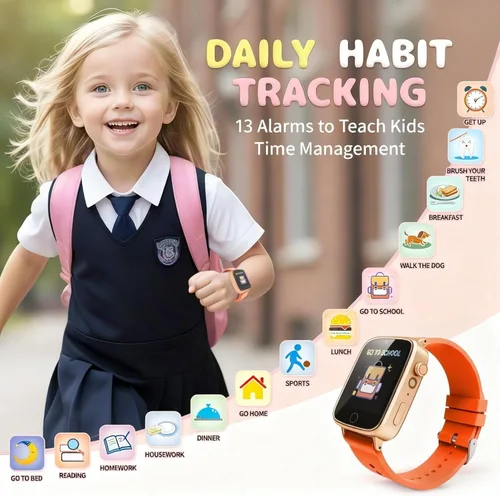 Miniatura 4 de Relojes para niñas de 4 a 12 años, reloj inteligente naranja para niños con cámara, 26 juegos de rompecabezas, reloj despertador, podómetro