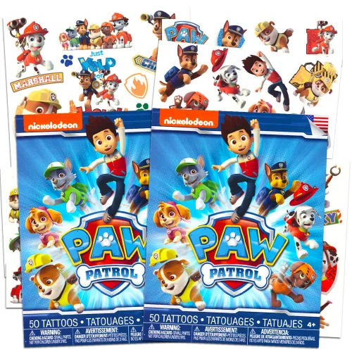 Paw Patrol Juego de disfraz de tatuaje, paquete de 100 tatuajes temporales con Chase, Marshall, Rocky, Zuma, Skye y Rubble | Recuerdos de fiesta de