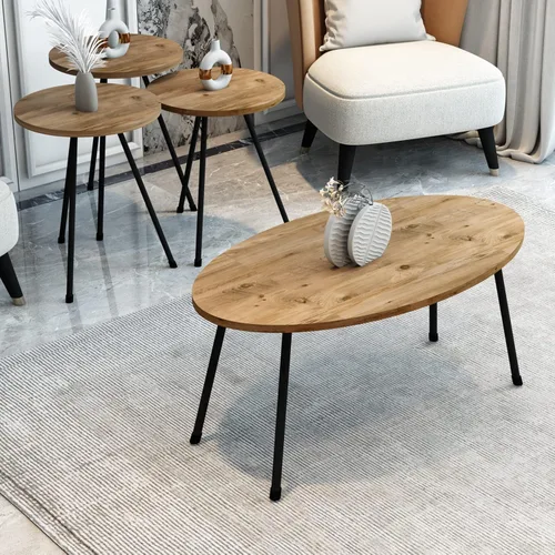 Juego de mesa de sala de estar de 4 piezas, 1 mesa auxiliar y 3 mesas anidables, montaje sin herramientas (madera de pino, mesa de centro PineWood