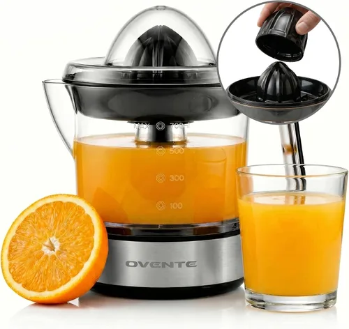 OVENTE Exprimidor eléctrico de cítricos con 2 conos para frutas grandes y pequeñas, activada por presión, control de pulpa y boquilla fácil de