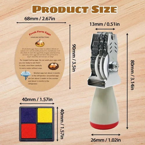 Miniatura 3 de Sellos de fecha de huevo para huevos frescos, con una almohadilla de tinta de cuatro colores, 50 Instrucciones de huevos frescos de granja, Kit
