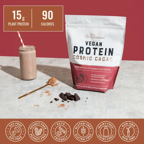 Miniatura 2 de Live Conscious Cosmic Cacao - Proteína en polvo vegana orgánica, sabor a chocolate, mezcla a base de plantas, proteína de guisante, arroz integral