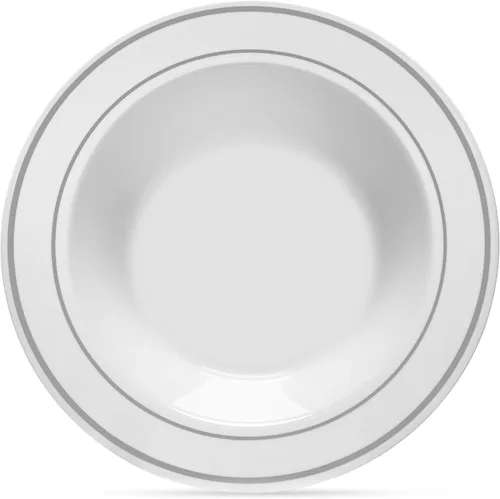 Miniatura 7 de Cuencos blancos con borde plateado, 12 onzas, 50 unidades, plástico duro, desechables o reutilizables, cuencos de postre, ensalada, cereales, pasta