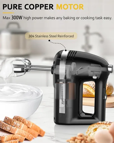 Miniatura 3 de Mezclador de Mano Eléctrico, Mezclador de Mano Potente de 300W Eléctrico de Mano con Batidores 304, Gancho de Masa, Mezclador de Mano con Turbo