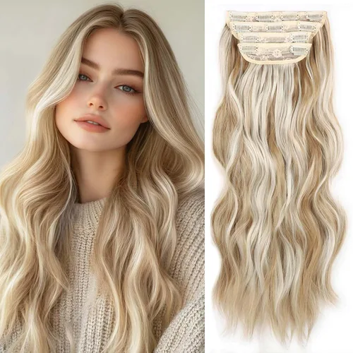 Miniatura 12 de 4 piezas de extensiones de cabello rizado con clip, color dorado oscuro, mezcla de rubio beige, sintético de 20 pulgadas de largo, extensiones