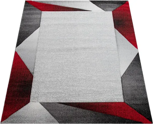 Miniatura 4 de Paco Home Alfombra de área moderna con borde geométrico rojo gris con corte de contorno, tamaño: 2'8" x 4'11