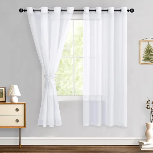 Miniatura 165 de Hiasan - Cortinas traslúcidas de gasa cortas semitransparentes con ojales y alzapaños filtrantes de luz para ventana, dormitorio, baño, 2 paneles