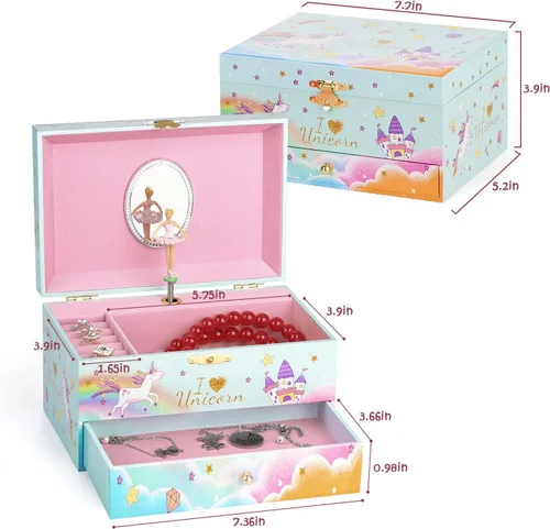 Miniatura 4 de Joyero para niñas, caja musical para niñas, organizador de joyas de bailarina para niña pequeña con collar de unicornio y pulsera, regalos