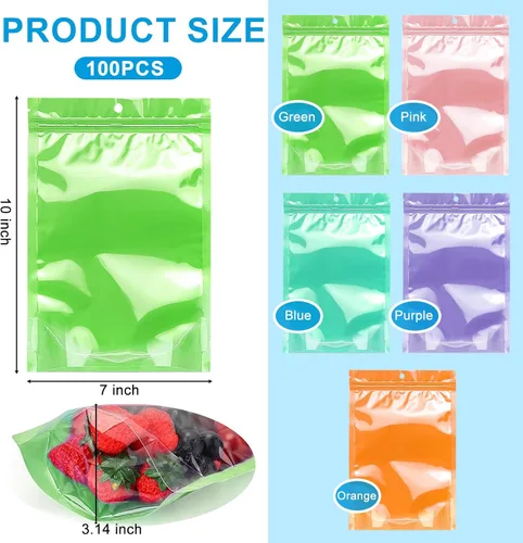 Miniatura 2 de Paquete de 100 bolsas de almacenamiento de alimentos Mylar con ventana, bolsa resellable de 7 x 10 pulgadas, a prueba de olores, bolsas de plástico