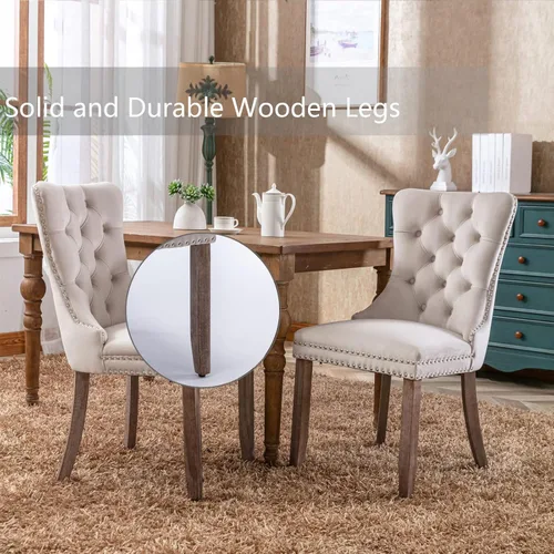 Miniatura 7 de Juego de 4 sillas de comedor de terciopelo beige, sillas de comedor tapizadas con adorno de tirador de anillo trasero y patas de madera maciza