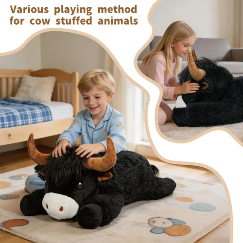Miniatura 4 de Peluche de vaca gigante de las tierras altas de 39 pulgadas, juguete de peluche de ganado grande para niños y adultos, almohada de peluche esponjosa