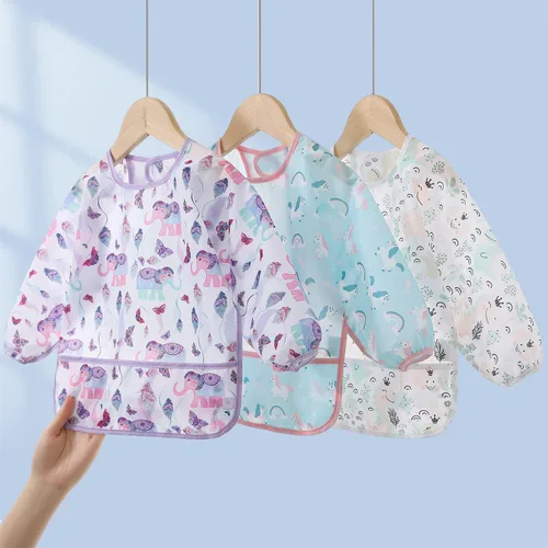 Miniatura 7 de Paquete de 3 baberos impermeables de manga larga para bebé, cobertura completa, delantal con bolsillo, de 6 a 30 meses