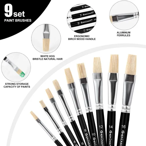 Miniatura 4 de Juego de pinceles de acuarela al óleo acrílico, 9 pinceles planos para pintura artística, 100% cerdas blancas de cerdo blanco natural, pinceles