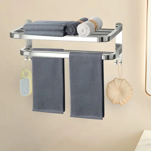 Miniatura 9 de Toalleros Negros de 15 Pulgadas para Baño con Barras Dobles para Toallas, Soporte de Montaje en Pared de Lavabo con Ganchos, Estante de Baño