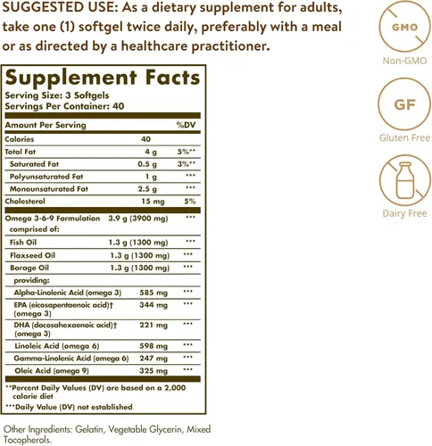 Miniatura 2 de Solgar 1300 mg Omega 3-6-9, 120 cápsulas blandas - Suplemento de aceite de pescado - Apoyo para la salud de las articulaciones y la piel - Incluye