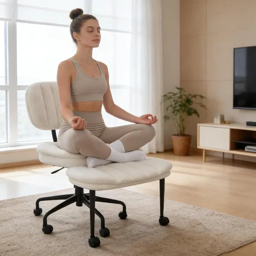 Miniatura 2 de Silla cruzada con reposapiés, silla de oficina giratoria de piel de oveja sintética de 360°, asiento extra ancho con comodidad similar al sofá, Lana