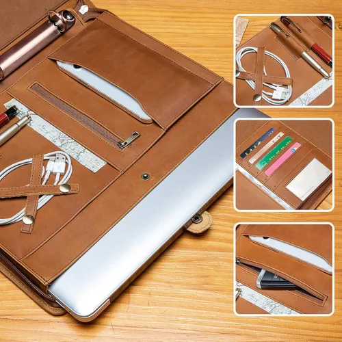 Miniatura 7 de YIWEN Portafolio de cuero genuino hecho a mano, portafolio con cremallera y carpeta de 3 anillos, organizador profesional de negocios, carpeta
