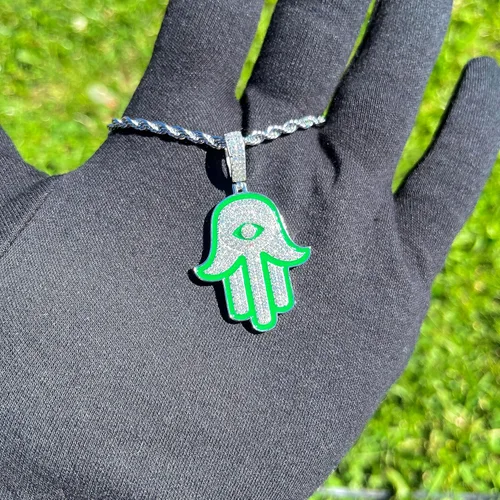 Miniatura 3 de VVS1 - Colgante de moissanita Hamsa mano mal de ojo de buena suerte para hombres y mujeres, chapado en oro de 18 quilates, plata de ley 925 maciza