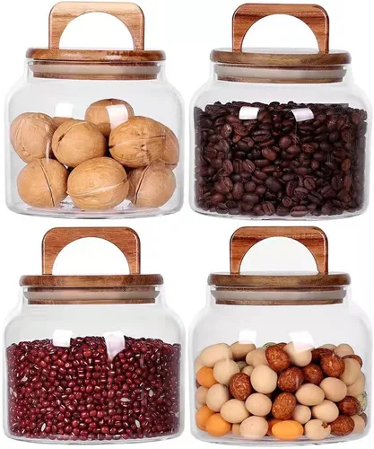 SAIOOL Tarros de vidrio con tapa hermética [Juego de 4], recipientes de cocina, recipientes de almacenamiento de borosilicato, diseño retro, tarros