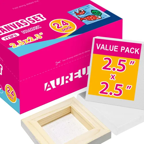 AUREUO Mini lienzo estirado, 2.5 x 2.5 pulgadas, paquete de 24 unidades, lienzo cuadrado pequeño de perfil de 2/5 pulgadas, juego de regalo, paquete