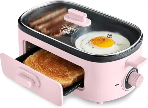 Estación de preparación de desayuno 3 en 1 GreenLife, planchas duales antiadherentes de cerámica saludables para huevos, carne, salchichas, tocino,