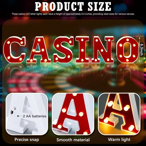 Miniatura 3 de Aurelema Casino 6.3" Letras de cartel de noche de cine para fiestas, cartel de luz de marquesina alimentado por batería, luces LED de letras