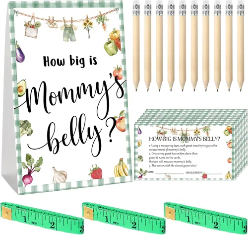 Miniatura 20 de Sabary 64 Piezas Juegos de Baby Shower Incluyen Letrero How Big is Mommy's Belly Sign Measure Bump Game 50 Tarjetas 10 Lápices 3 Cintas Métricas