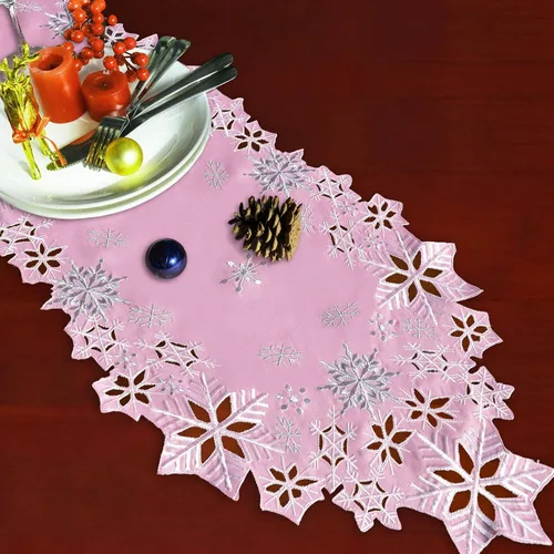 Miniatura 6 de Caminos de mesa bordados de copos de nieve rosados para Navidad e invierno (rosa, 14 x 34 pulgadas)